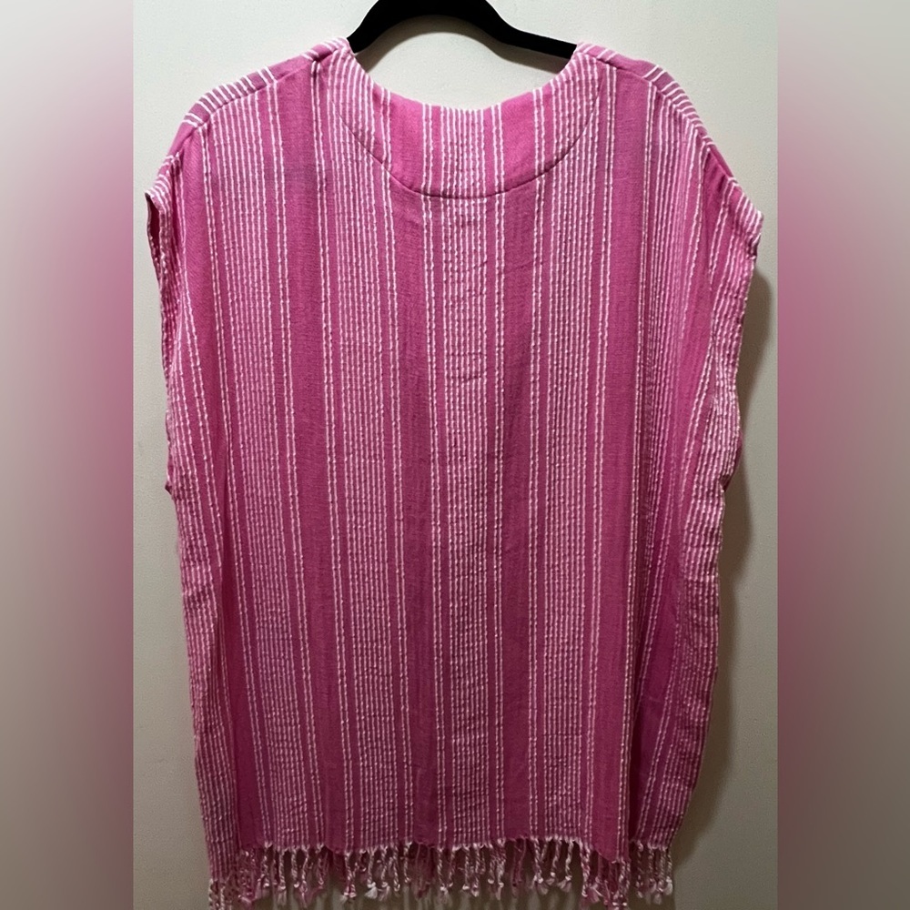 Zara Fringe Rustic Caftan Swim Cover Up pink & white stripes S/M NWT - Picture 7 of 14